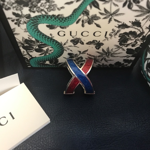 Gucci Silver and Red Blue Enamel Ring - Picture 1 of 9
